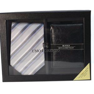 Traditional grey and blue striped woven tie and bi-fold black leather wallet